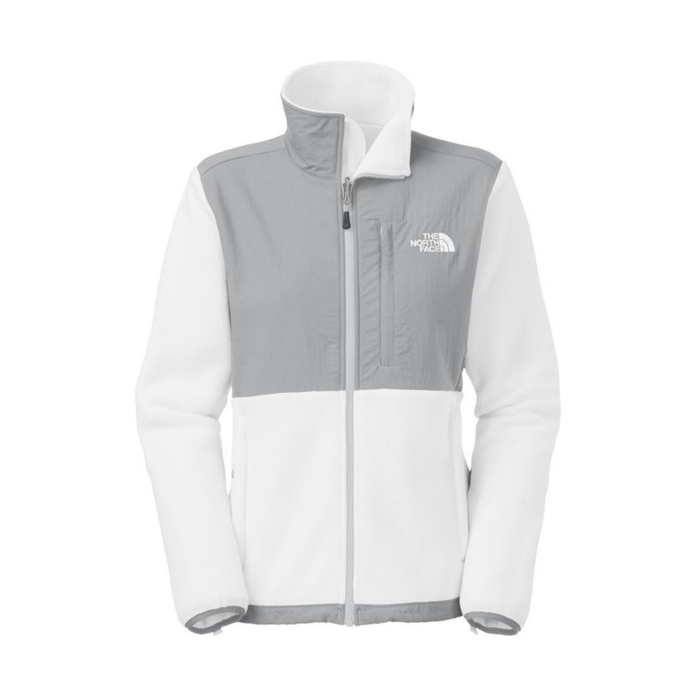 White and grey north face fleece zip up jacket